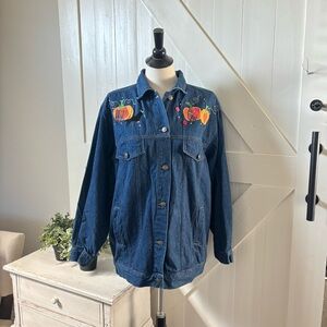 The Quacker Factory Jean Jacket Size L Pumpkin Fall Theme Scarecrow Thanksgiving